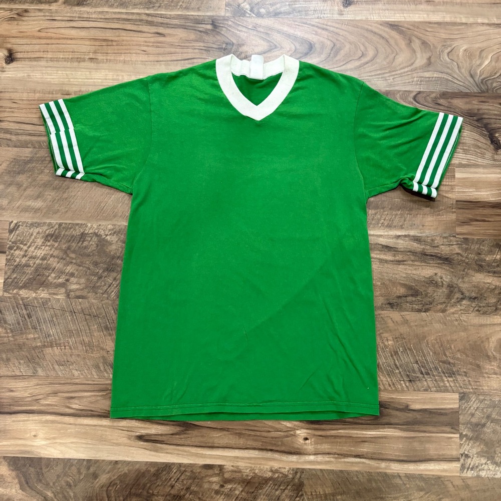 Vintage Soffe Shirts T Shirt Mens Large Green Ringer V-Neck Striped Sleeve 90s